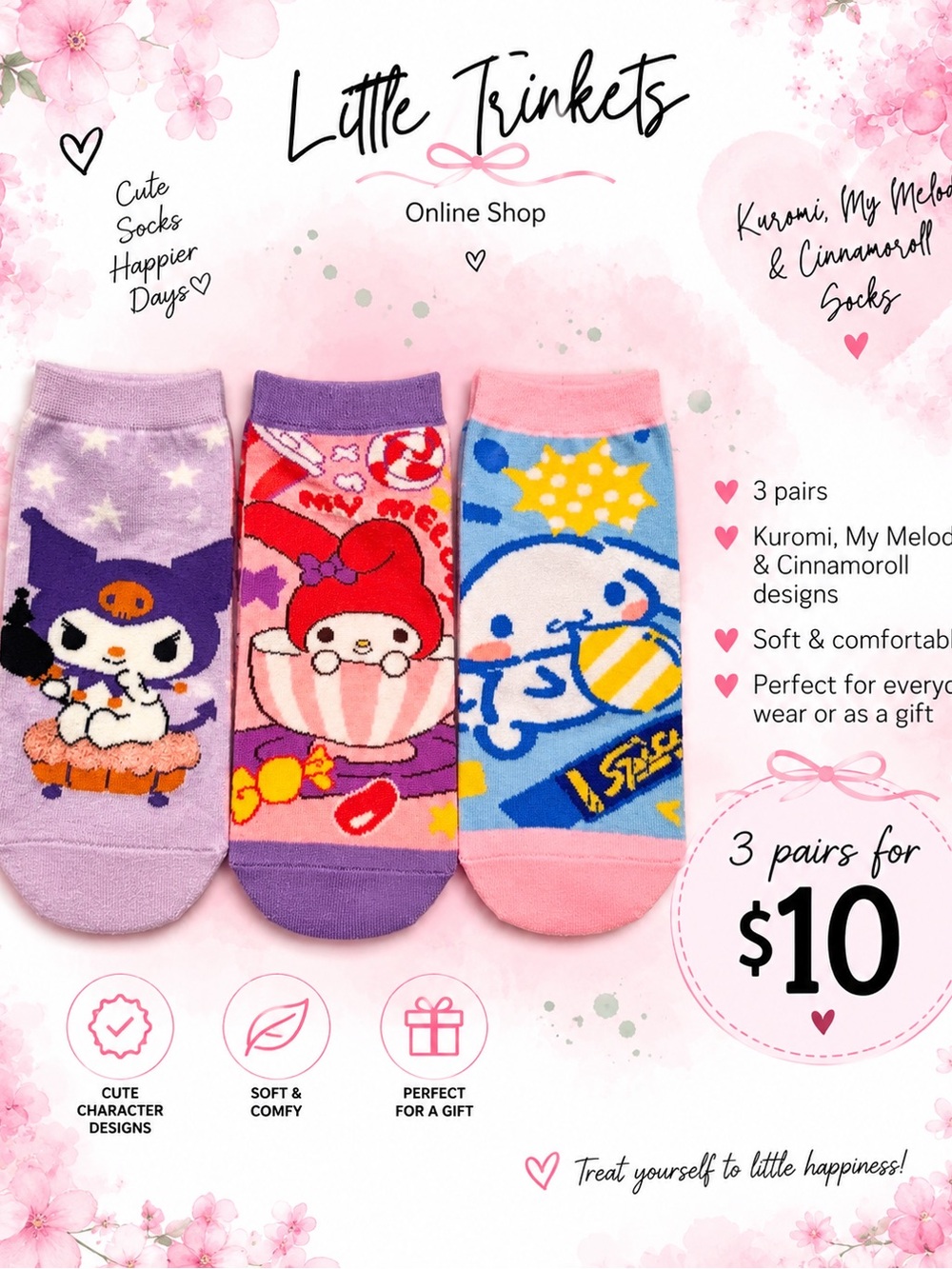 Kuromi, My Melody & Cinnamoroll Cute Character Socks - Pastel Pink, Purple, Blue